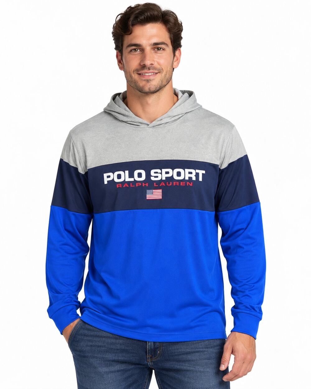 Polo Sport Ralph Lauren Performance Hoodie Mens XL Blue Gray Colorblock Logo